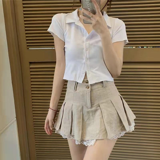 Korean Version of Super Spicy Girl Plus Cotton Linen Lace Stitching Pleated Skirt High Waist Sexy Khaki Lace Pleated Mini Skirt