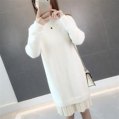 Long Faux Mink Fleece Sweater Winter Bottoming Sweater Thick Warm Knitted Lace Stitching Mohair Sweater Dress