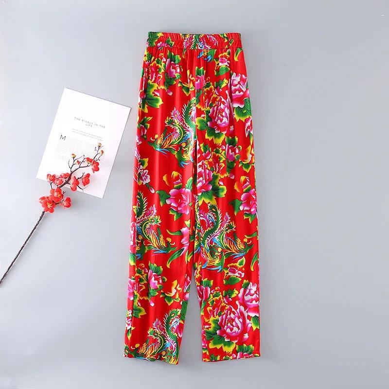 S-XXXXL Women's Spring Wide Leg Pants Summer Plus Size Printed Long Pants Autumn Elastic Waist Loose Trousers