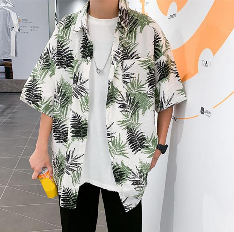 Summer Men Tees Beach Shirt Leaf Print Tee Plus Size Loose Overshirt Half Sleeve Retro Clothes Casual Male Undies Button Up Top