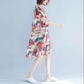Large Size Women's Dress Loose and Thin Printing Retro Ethnic Style Women's Round Neck Short Sleeve Loose Mid-length Skirt Light and Breathable Fabric