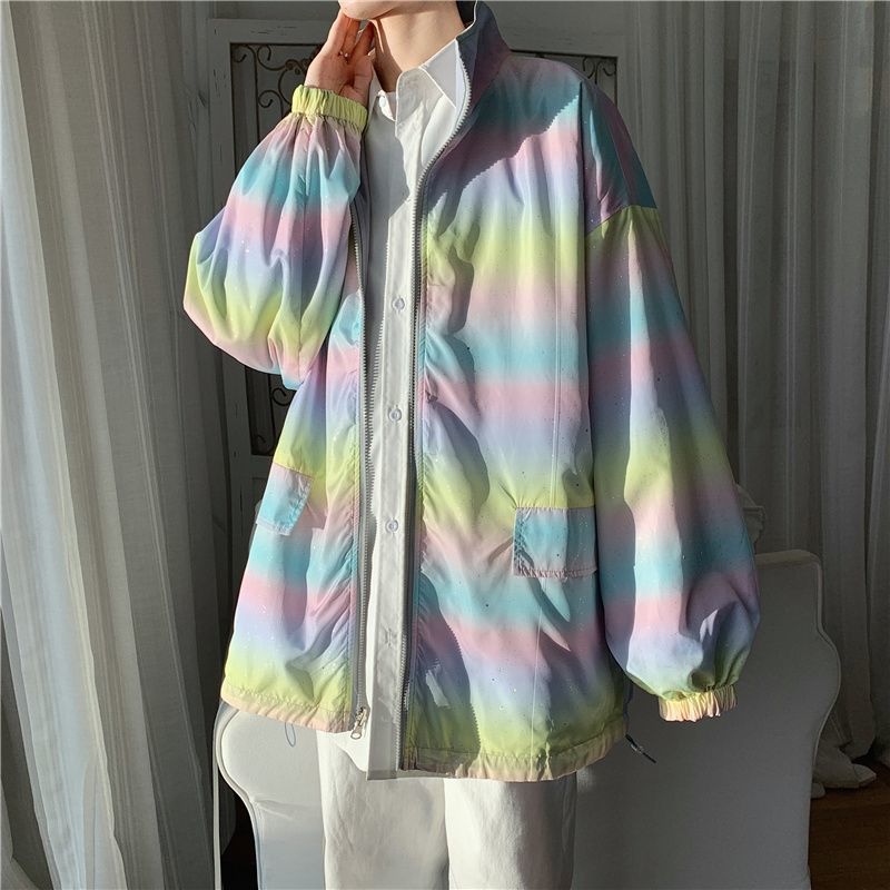 Reversible Jacket for Men and Women with Loose Top Gradient Color Casual Handsome Jacket Couple Long-sleeved Warm Simple Jacket