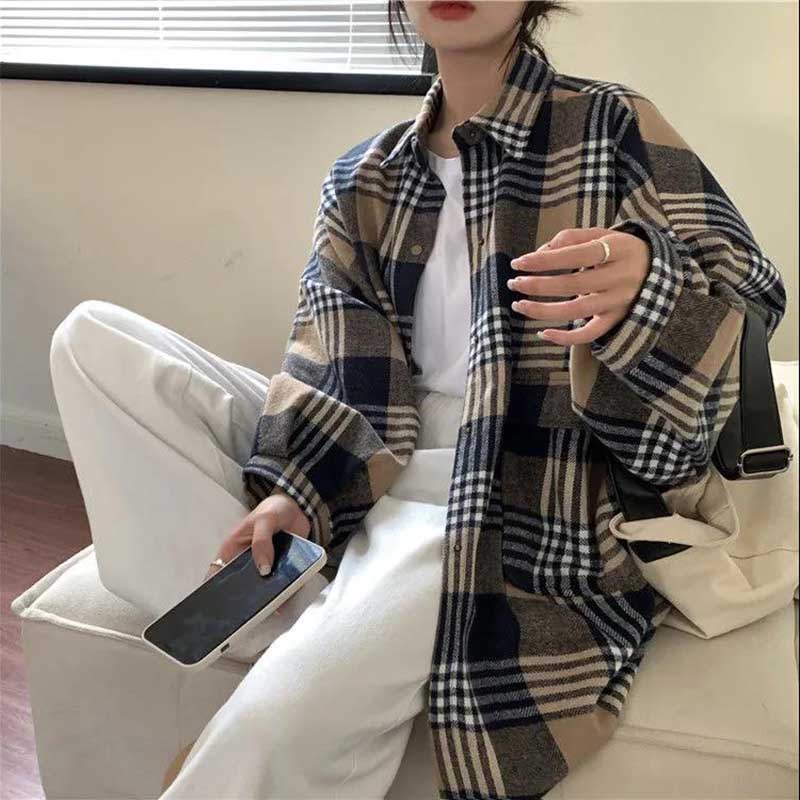 Layered Plaid Shirt Women's Spring and Autumn Retro Loose and Lazy Style Shirt Coat