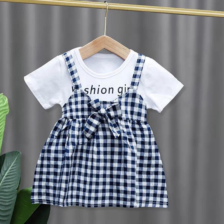 Children Dress Spring Summer Round Neck Kids Clothing Toddler Baby Girls Clothing Plaid Bow Pieated Short Sleeve Dress Girl