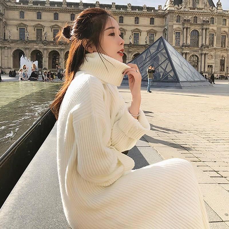 Women Knitted Sweater Pullovers Turtleneck Dress Long Slim Elastic Long Sweater Dress Female Jumper