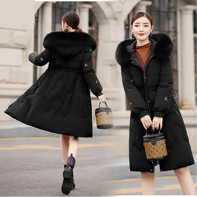 Winter Down Jacket Korean Loose Embroidered Cotton Jacket Waist Thickened Mid-length Jacket for Women