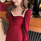 Girl Retro Elegant Temperament Waist Was Thinner Shoulder Lace Knitted Dress Autumn  Winter