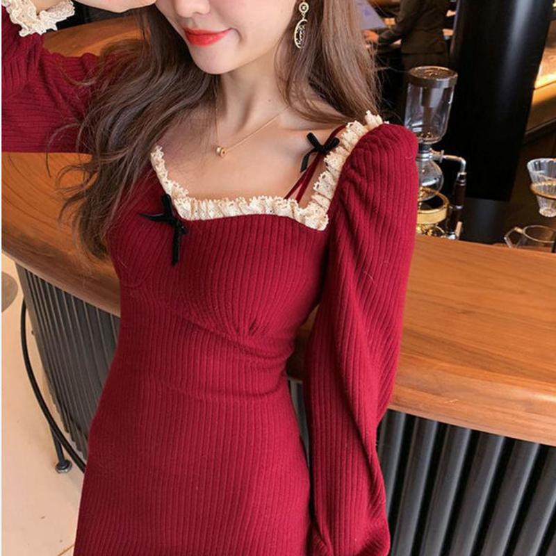 Girl Retro Elegant Temperament Waist Was Thinner Shoulder Lace Knitted Dress Autumn  Winter