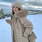 White Duck Down Jacket with Feather Collar Female Mid-length Over-the-knee Korean Thick Loose Horn Buckle Bread Jacket