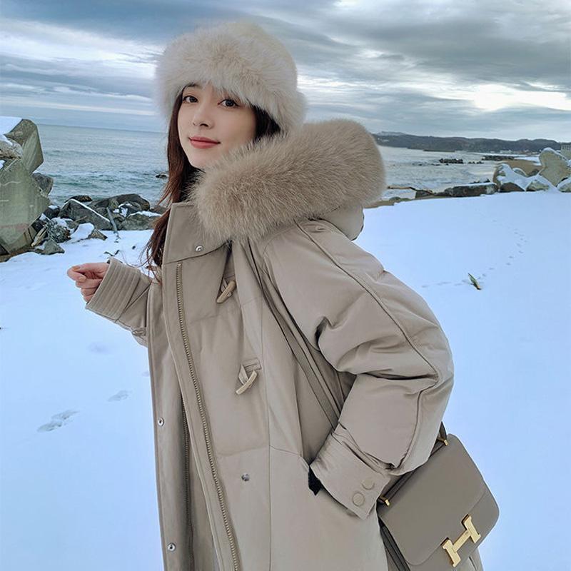 White Duck Down Jacket with Feather Collar Female Mid-length Over-the-knee Korean Thick Loose Horn Buckle Bread Jacket