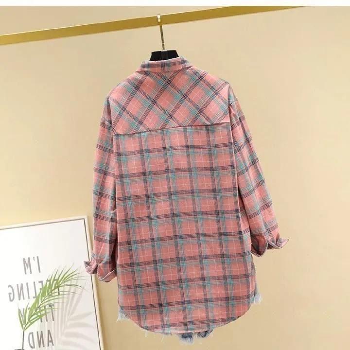 Women's Spring Summer Large Size Long Sleeve Shirts Female Vintage Loose Plaid Coats Turn Down Collar Button Tops Blouse