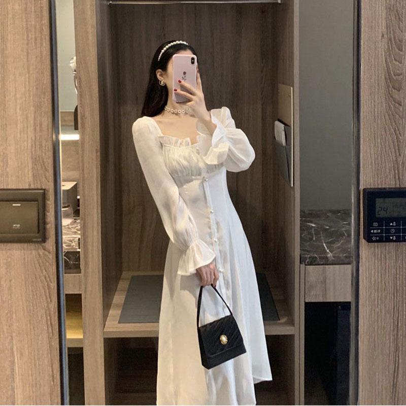 Hepburn Style Sweet and Salty Dress Mid-length Fairy Skirt Gentle White Long Skirt Ankle Fairy Tale