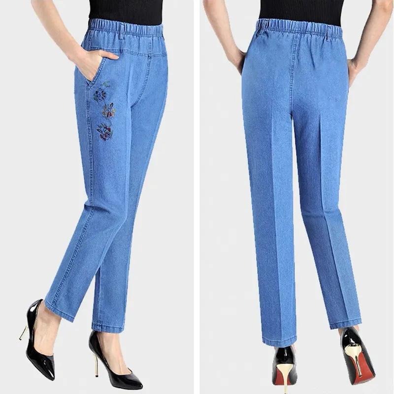 Flower Embroidered Jeans Women's Summer Thin Loose Straight Denim Pants High Waist Straight Stretch Middle-aged and Elderly Elastic Waist Ninth Pants