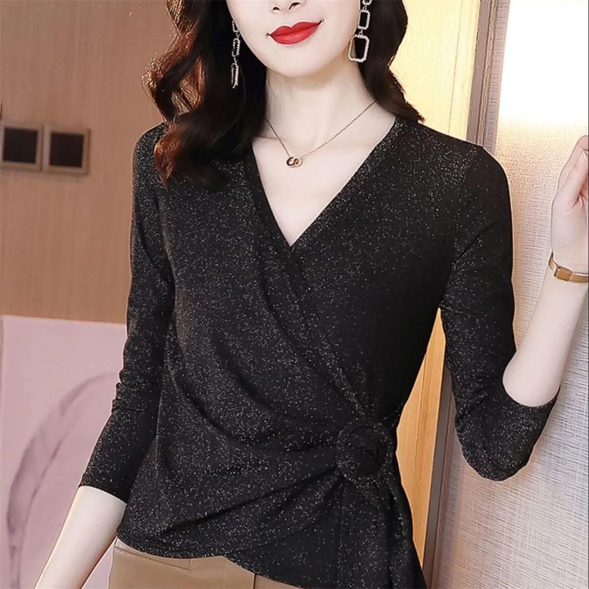 Summer Long Sleeve Women's Blouse Sexy Cross V-neck Thin Black Female Blouses Fall Casual Office Elegant Lady Top Pullover