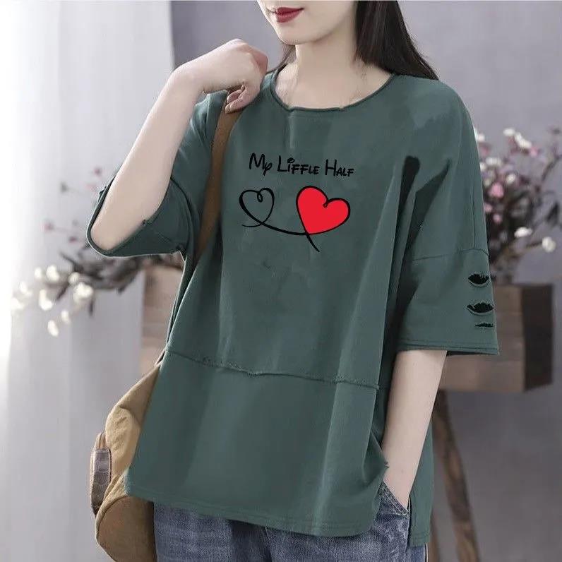 Women Cotton T-shirt Large Size Short Sleeve Shirt Heart Print Casual Pullover