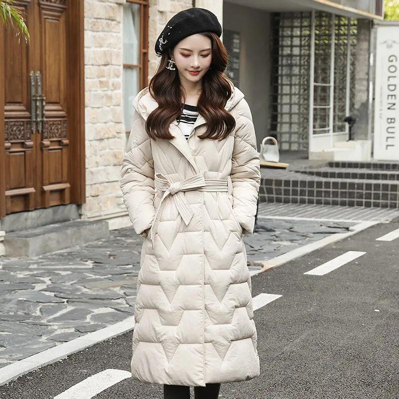 Down Coats Winter Jackets Women Plus Size Hooded Long Padded Parkas Coats with Belt Thick Warm Windbreaker Outwear Black Parkas Jackets Women