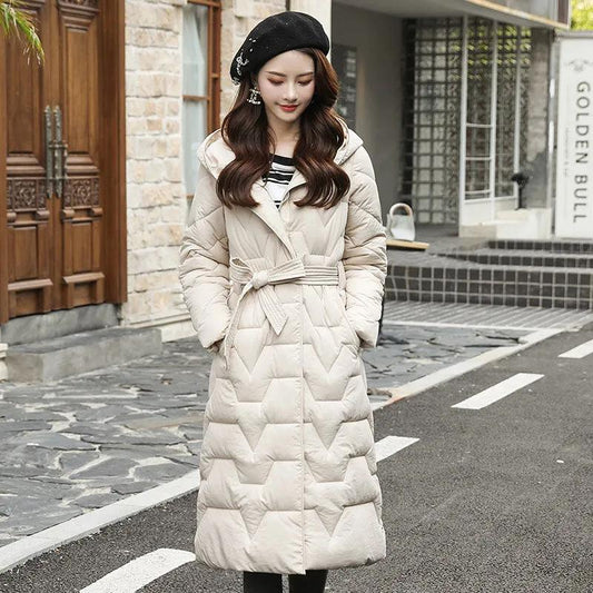 Down Coats Winter Jackets Women Plus Size Hooded Long Padded Parkas Coats with Belt Thick Warm Windbreaker Outwear Black Parkas Jackets Women