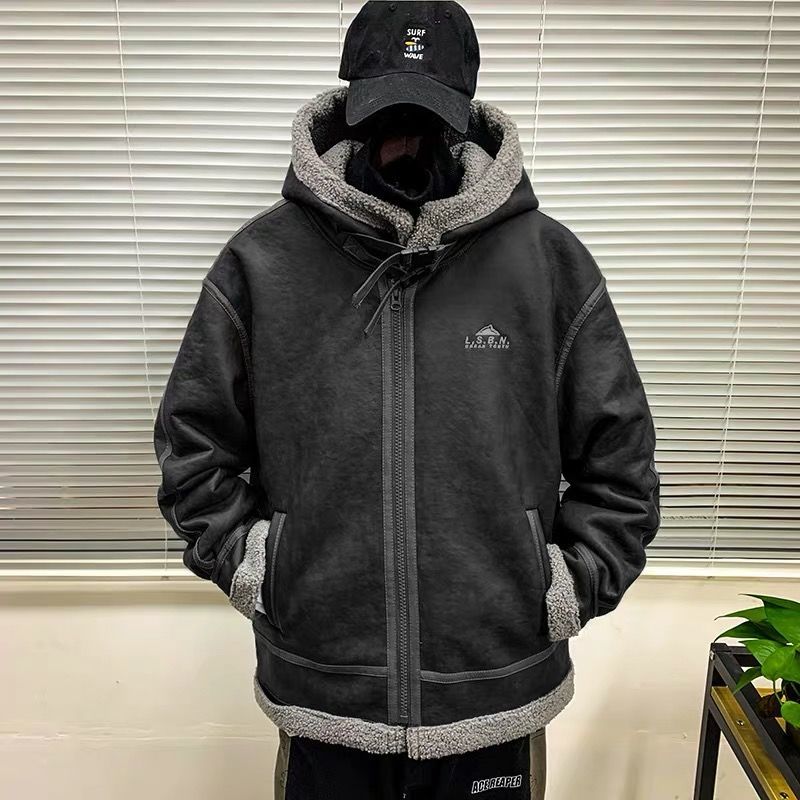 Lamb Plush Jacket Men's Winter High-quality Cotton Jacket Plus Velvet Thick Padded Jacket and Fur One Men's Cotton Jacket