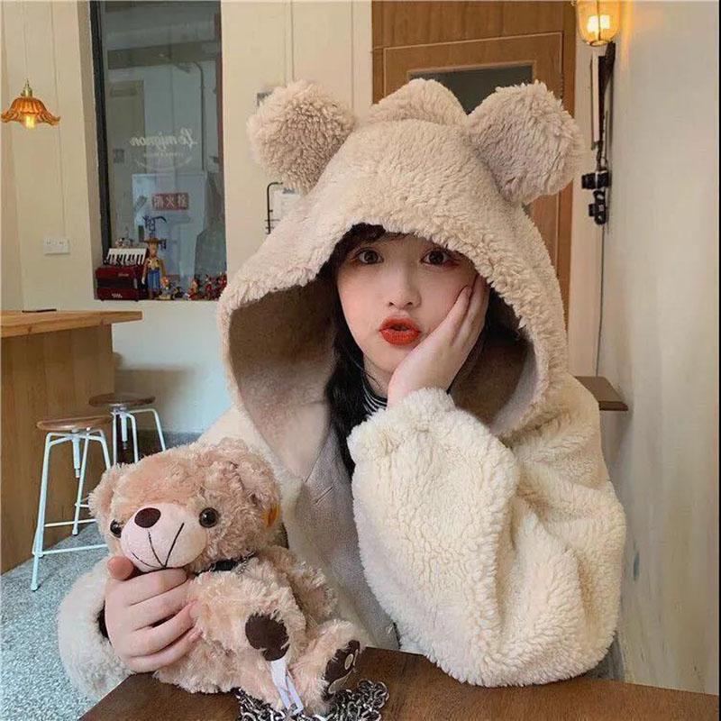 Autumn and Winter Lamb Fur Hooded Jacket Female Students Casual All-match Thickened Polar Fleece Cardigan Cute Rabbit Ears Plush Jacket