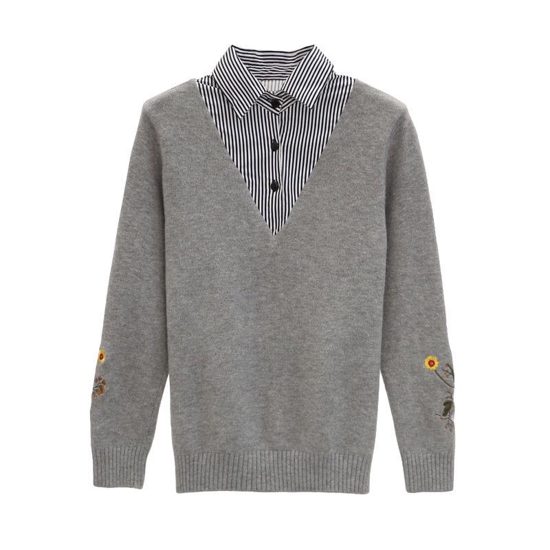 Autumn Winter women Sweater Korean Embroidered Lapel Stitching Fake Two-piece Blouse Loose Pullover Sweater for Students Office lady