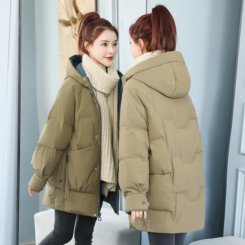 Winter Down Jacket Korean Version Loose Solid Color Cotton Jacket Ladies Mid-length Hooded Down Jacket