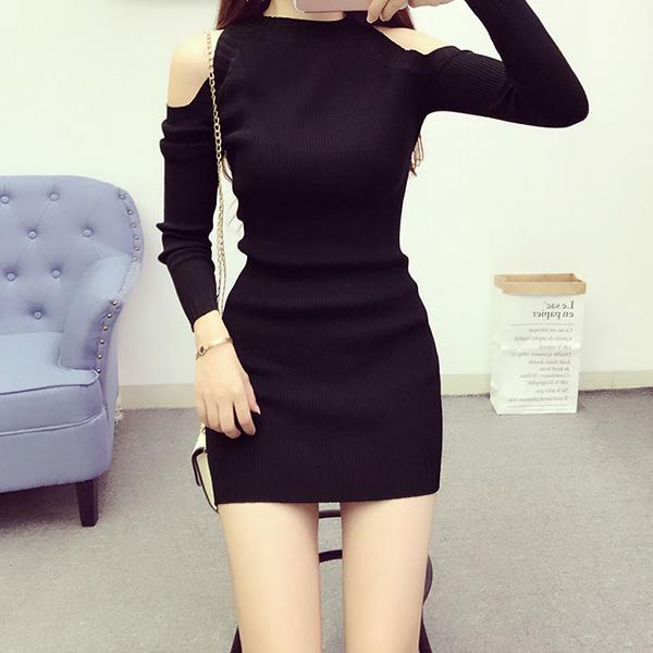 Hollow Half Strapless Dress Female Spring and Autumn Mid-length Knitted Sweater Long-sleeved Bottoming Skirt