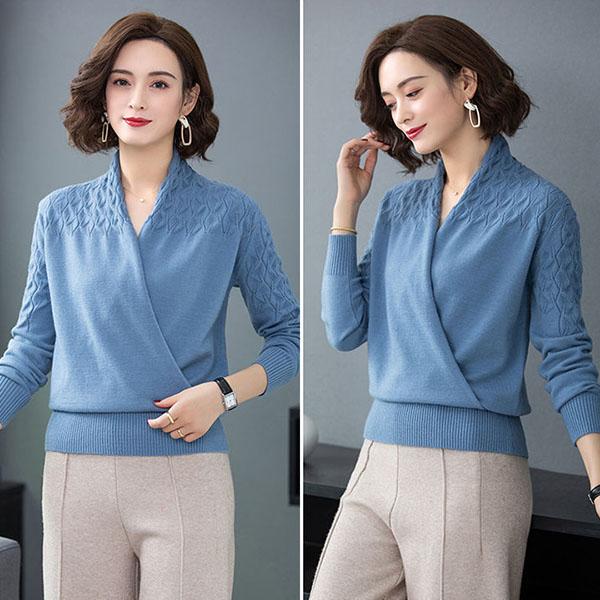 Women's Solid Color Woollen Sweater Loose Plus Size Cross V-neck Sweater Pullover Wool Knit Jumper
