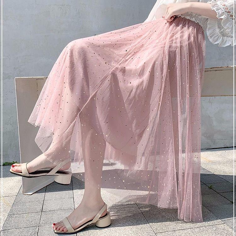 Women's Tulle Plain Pleated Skirt 2020 Pink Beige White Mesh Midi Skirt High Waist Woman Skirts