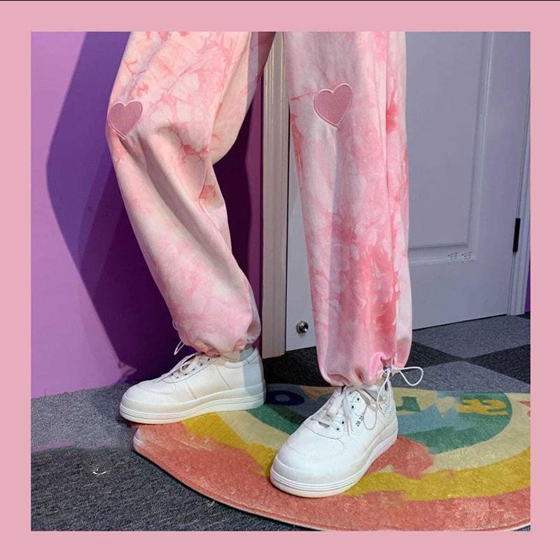 Love Pink Tie-dye Casual Pants Female Japanese Cute Soft Girl Loose Wild Sports Students Beaming Feet Wide Legs