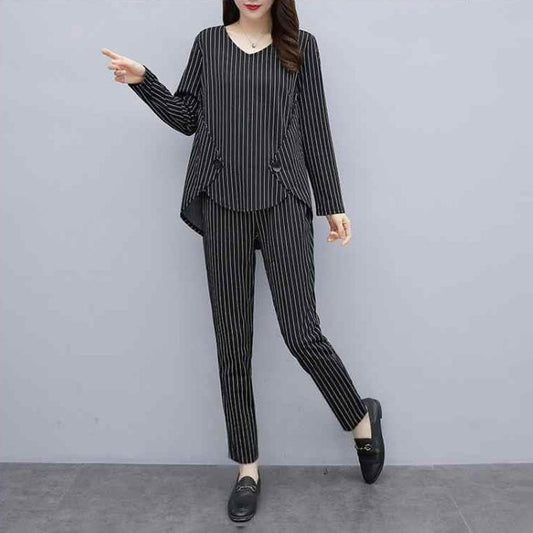 Women's Tops Loose Belly-covering Thin Casual Pants Striped Two-piece Fabric Lightweight Breathable Women's Casual Suit Home Wear