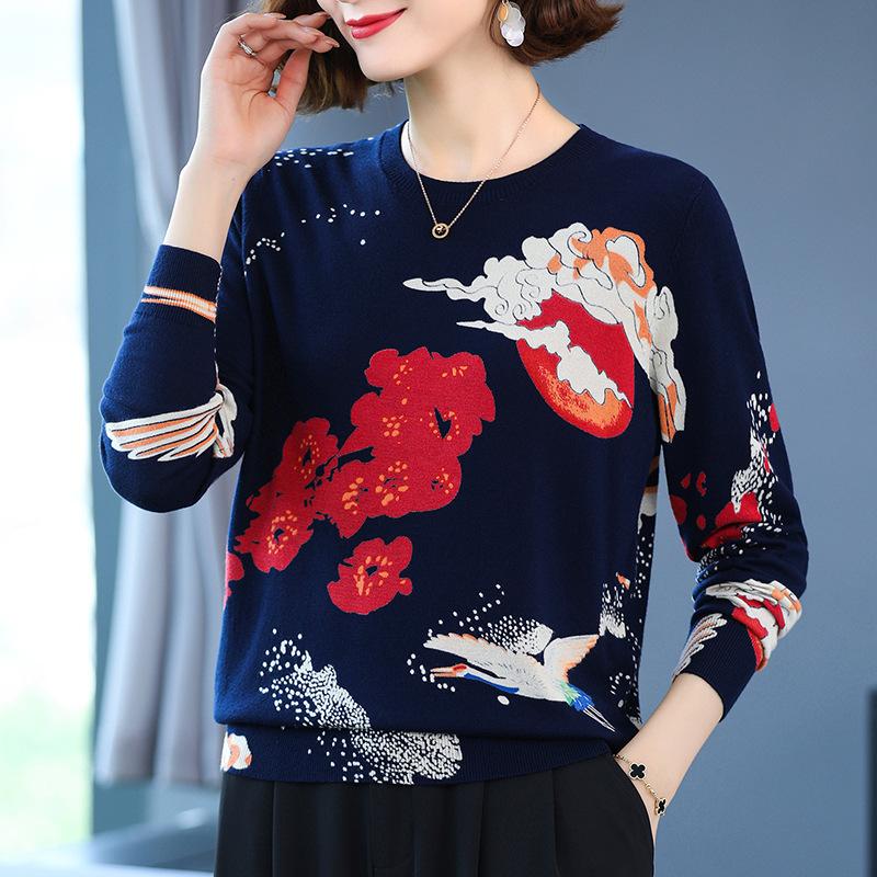 Women's Printed Pullover Sweater Tops Autumn  Winter Long-sleeved Bottoming Sweater Women's High-end Woolen Sweater