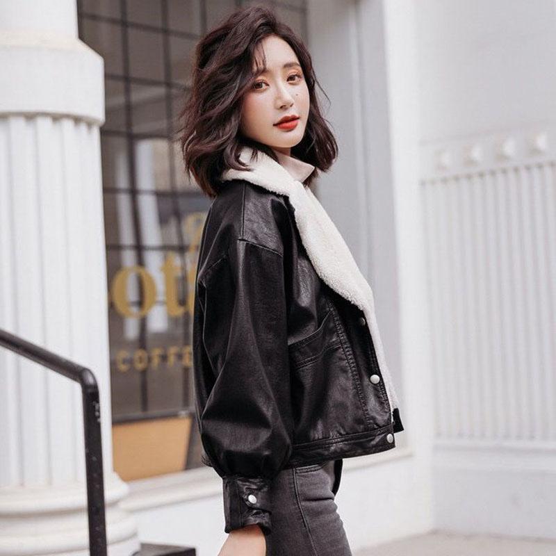 Women's Leather Winter Clothing Korean Style Short Loose Leather Jacket Lamb Hair Plus Velvet Thick Motorcycle Leather Jacket