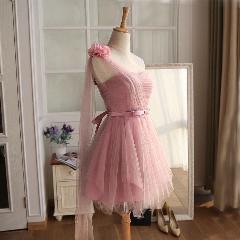 Fashion Solid Tulle One Shoulder Bandage Short Formal Wedding Evening Party Prom Bridesmaid Dress