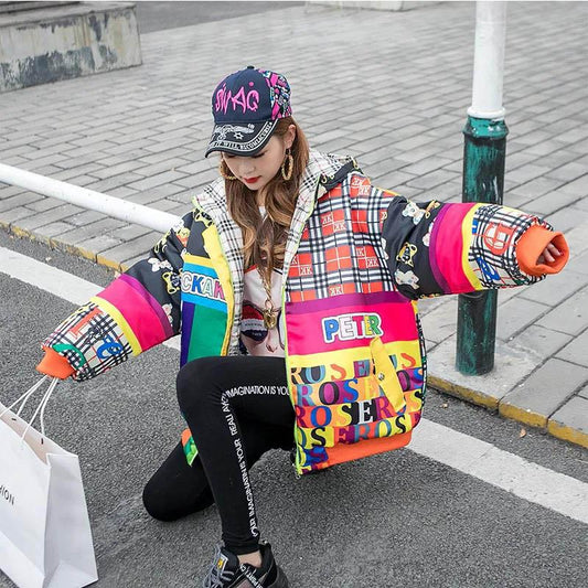 European Station Winter Print Cotton Coat Women Western Style Hooded Mid-length Coat Women