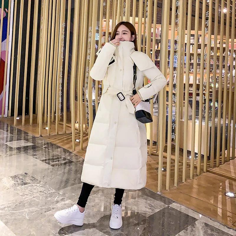 Winter Down Padded Jacket Korean Style Waist Long Padded Jacket with Hood Thickened Knee-length Windbreaker Jacket Suitable for Women