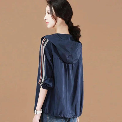 Women's Hooded Baseball Jacket Spring Casual Jacket Loose Top Solid Color Zipper Anti-wrinkle Jacket
