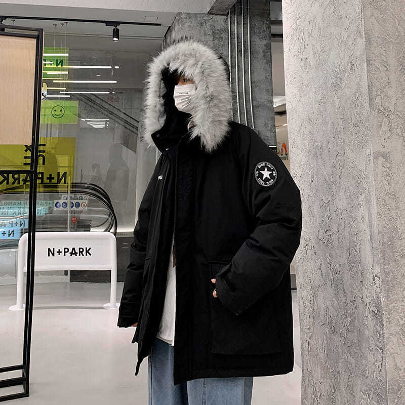 Winter Hong Kong Style White Duck Down Jacket Men's Korean Version of The Loose Casual Trend Mid-length Hooded Large Fur Collar Jacket Bf Style