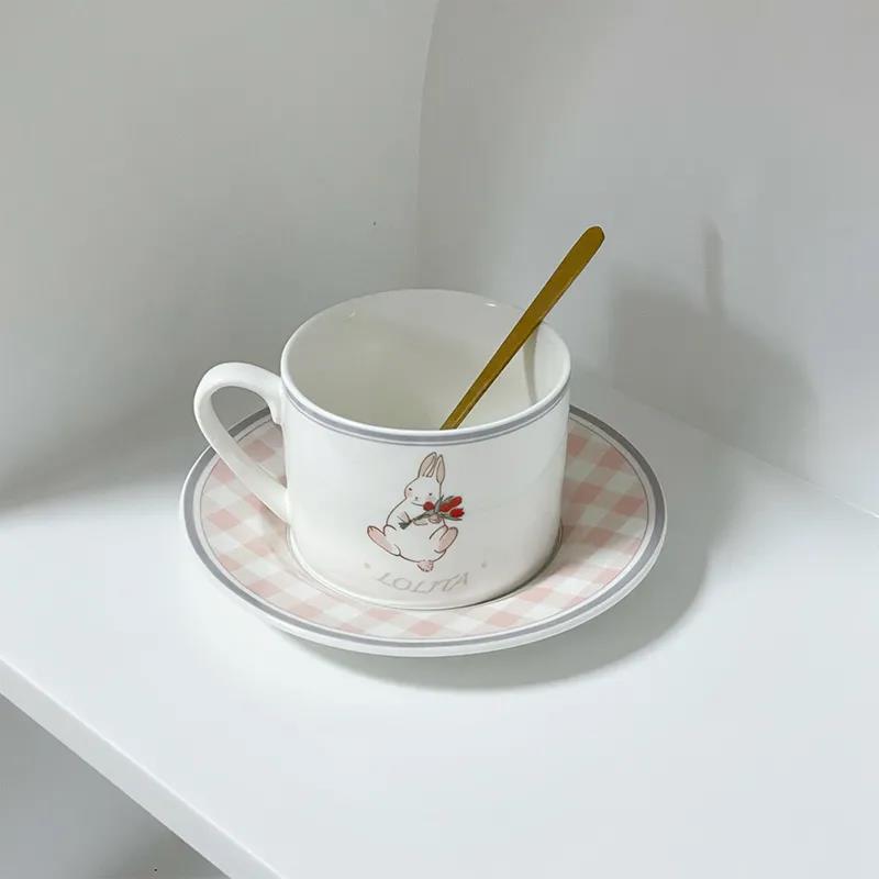 Ins Style Korean Retro Ceramic Coffee Cup and Saucer Set Afternoon Tea Cup Girl High-value Cute with Spoon