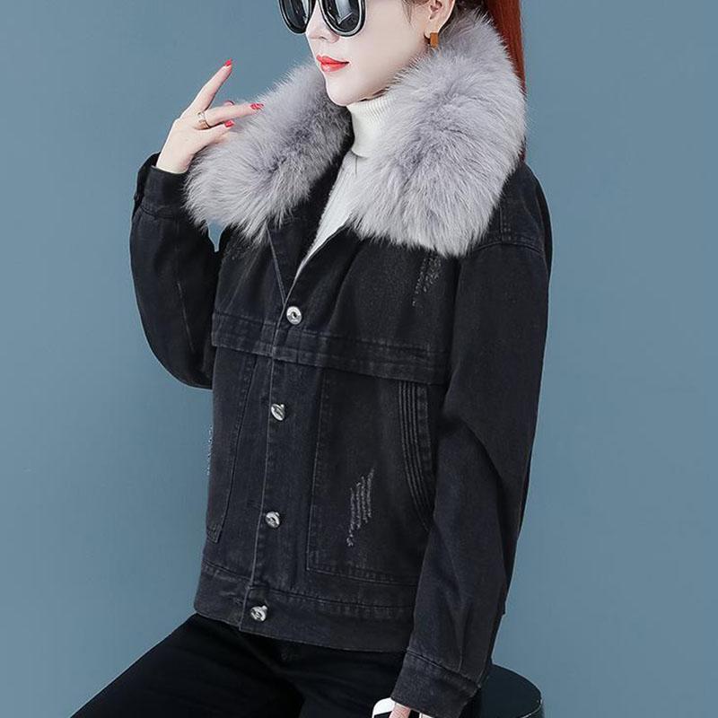 Short Denim Cotton Jacket Female Winter Korean Fashion Loose Plus Velvet Cotton Coat Large Fur Collar Padded Jacket