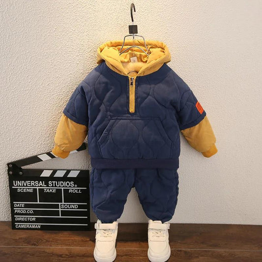 Children's Cotton-padded Clothes Suits Children's Winter Plus Velvet Children Clothes Boys' Cotton-padded Clothes Baby Handsome Two-piece Suits