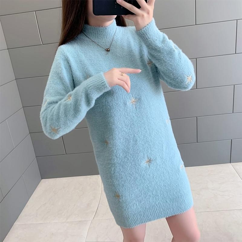 Mid-length Sweater Women's Pullover Autumn  Winter Loose Long Imitation Mink Velvet Bottoming Shirt  Outer Wear
