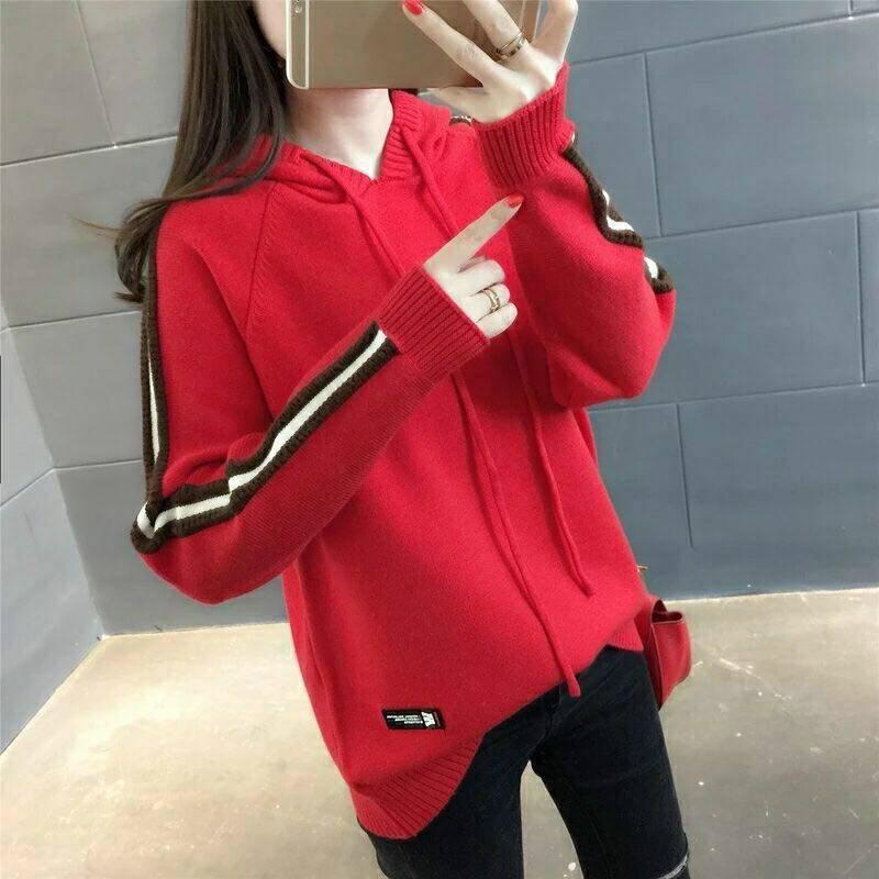 Winter Women Thick Warm  Pullover Sweater Office Loose Knited Hooded Sweatshirt Drawstring Plus Size Sweater Outwear