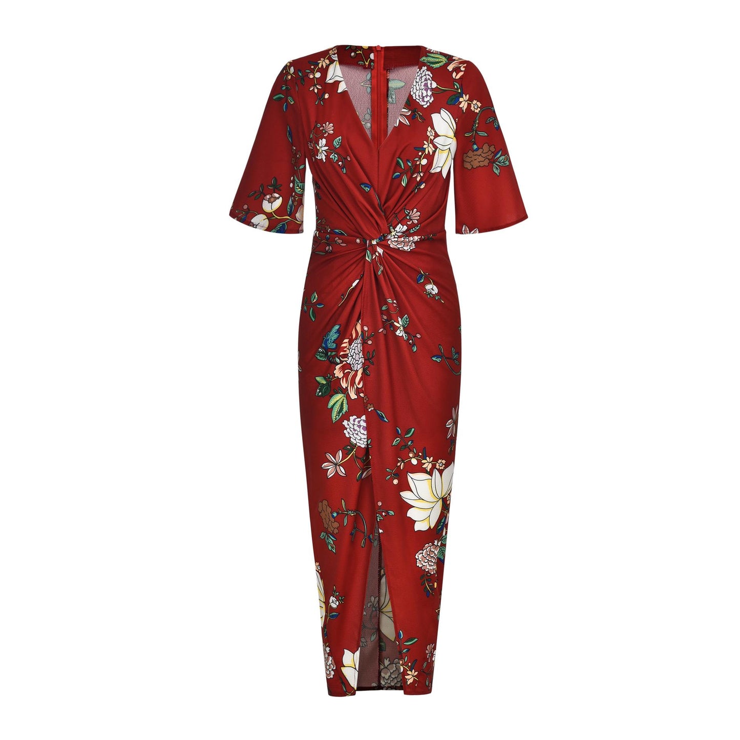V-neck Chiffon Print Irregular Dovetail Split Bohemian Holiday Dress Long