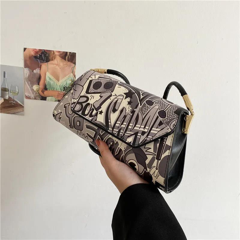 Comic Doodle Pattern PU Leather Armpit Bag for Women Shoulder Handbags Lady Elegant Baguette Bag