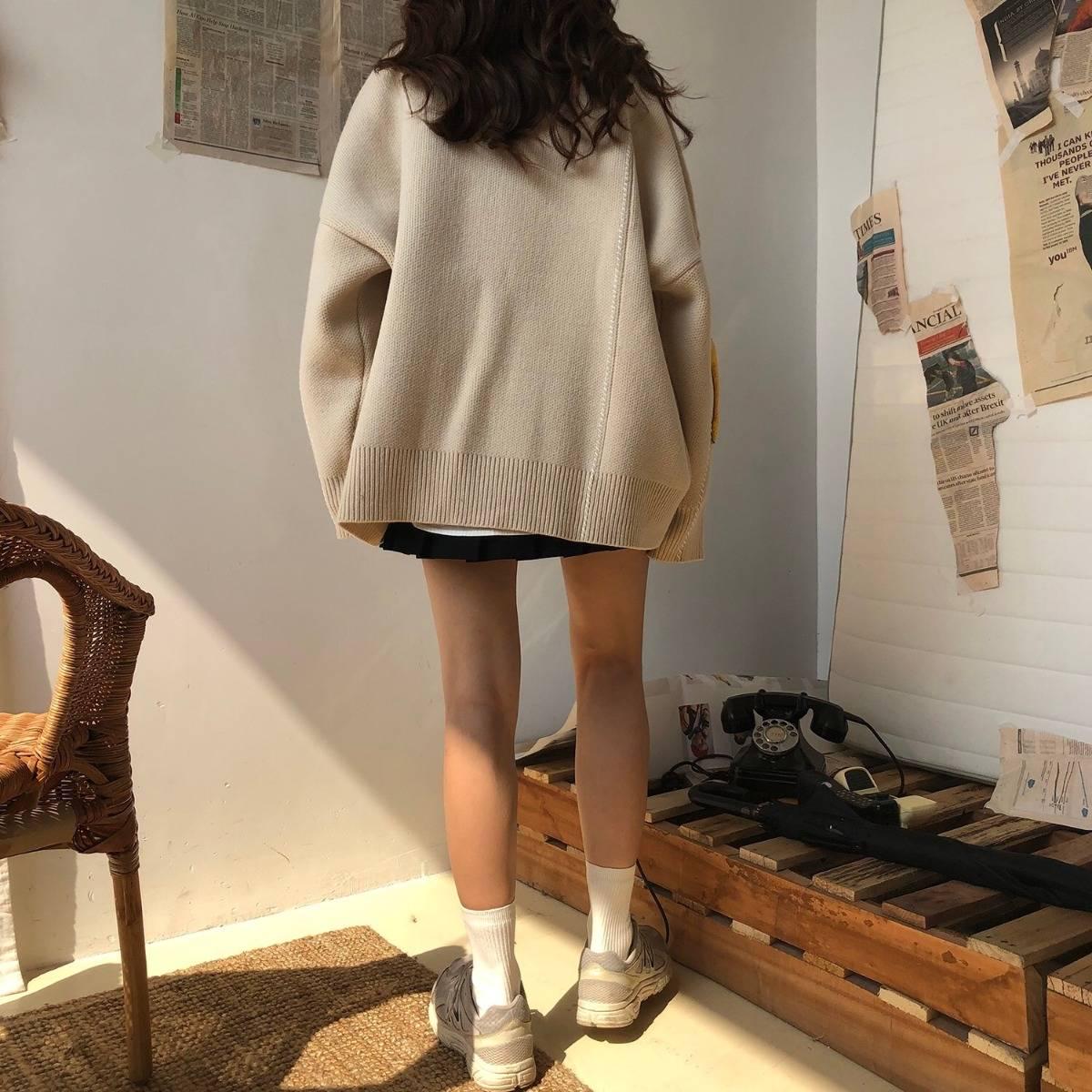 Pofulove V-neck Sweater Women's Pullover Loose Letters Sweater Couples Knitted Coat Autumn Winter