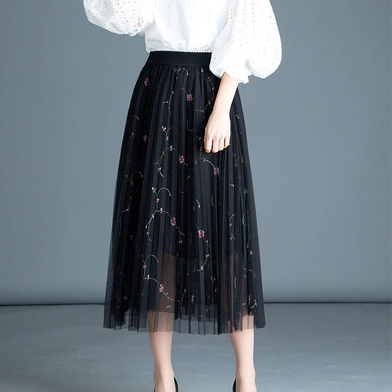Women Skirts Female Long Skirt Summer Casual A-line Skirts Solid Color Elastic High Waist Skirt Loose Embroidered Skirt