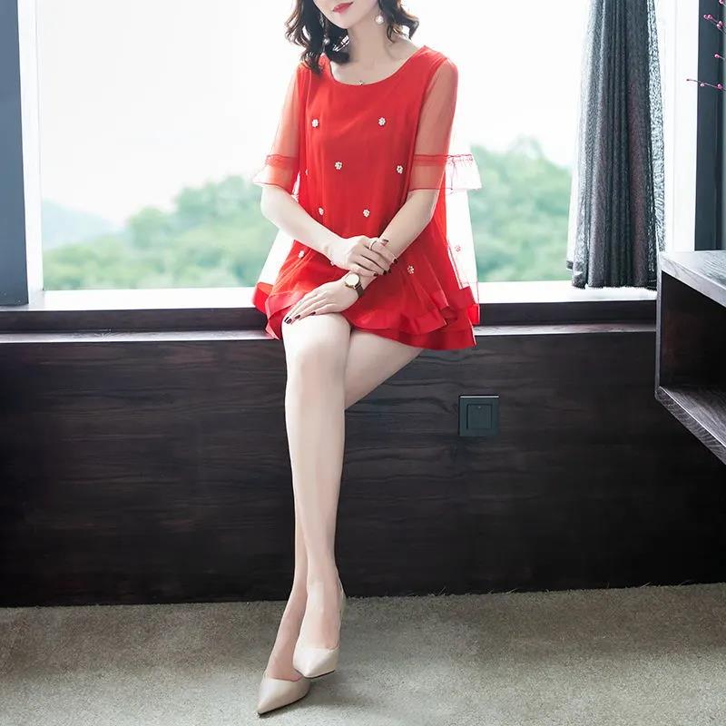 Women's Summer Plus Size Short Sleeve Top Mesh Loose Versatile V-Neck T-Shirt