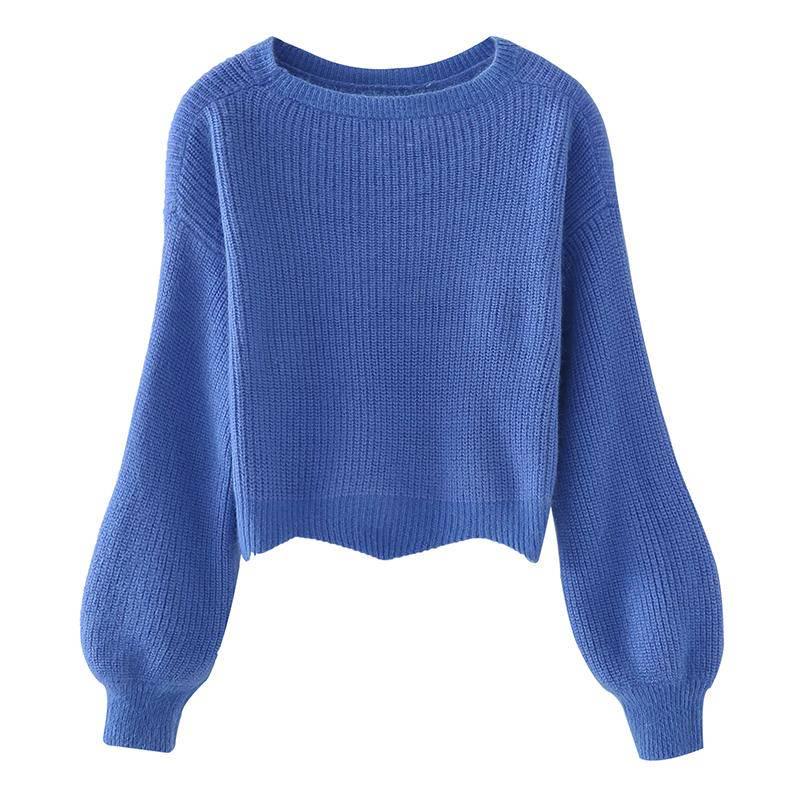 Pofulove 8 Colors Cute Long Latern Sleeve Knitted Shirt O-neck Loose Blouse Simple Color Sweaters