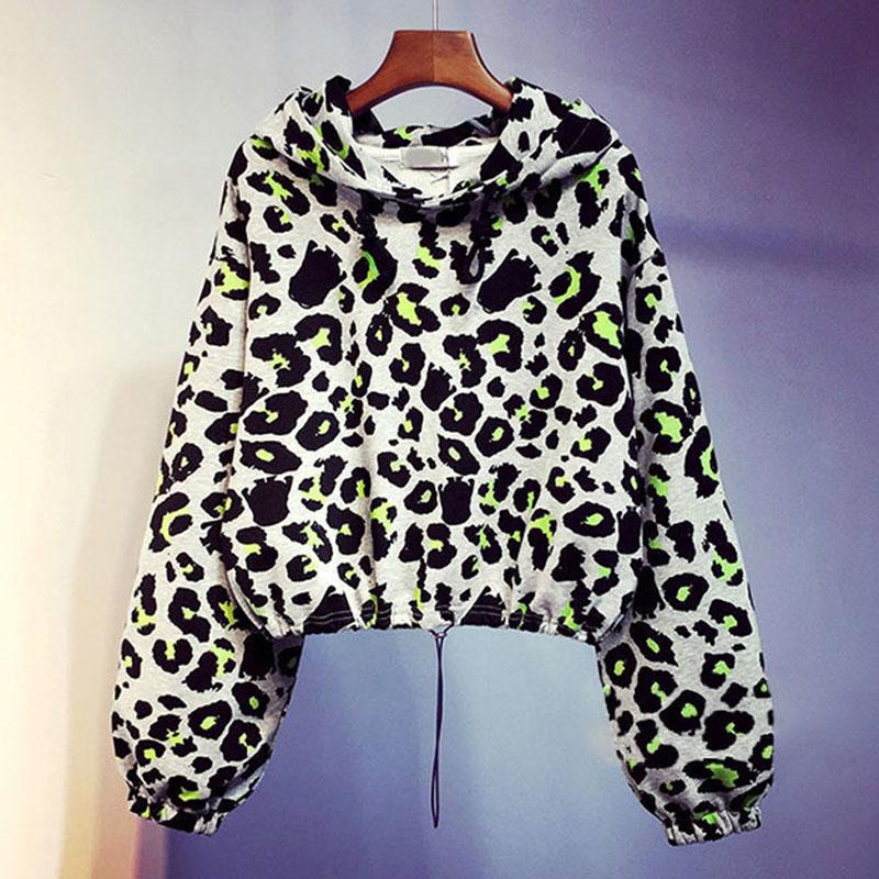 Leopard Print Long-sleeve Hooded Sweatshirt Women Korean Style Short Coat Loose Top