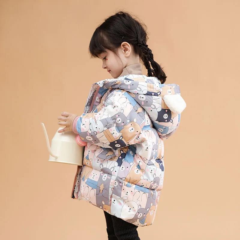 White Duck Down Children's Down Jacket Girls Mid-length Coat Baby Middle and Small Children Winter Thick Hooded Printed Cotton Jackets